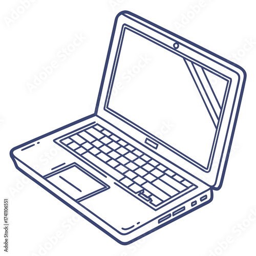 Blue line art laptop with glowing screen on white computer