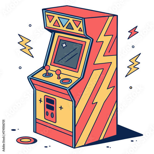 Bright red yellow and blue arcade game machine with lightning bolts