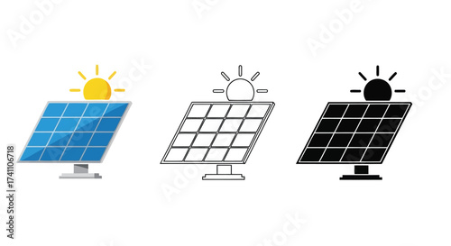 Vector illustration of set of solar panel icons, featuring colorful, outline, and solid black designs for renewable energy representation