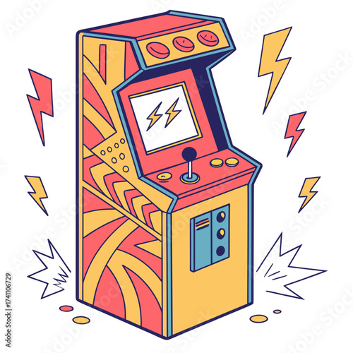 Bright retro arcade game machine with lightning bolts