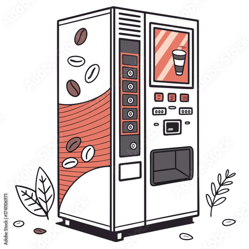 Coffee vending machine with beans and leaves isolated
