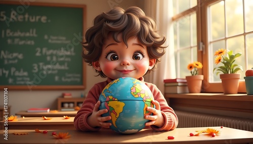 Happy child holding a globe in a classroom with bright sunlight streaming in
