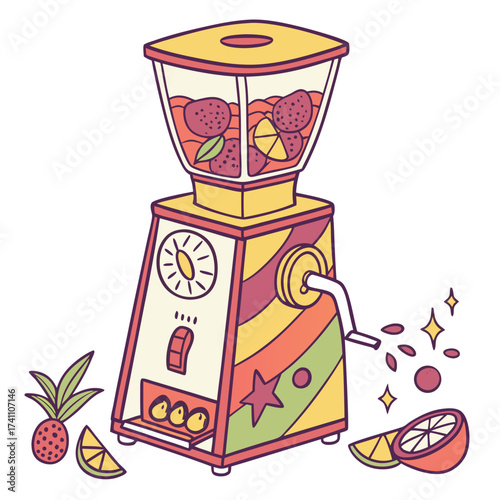 Colorful cartoon juice dispenser with fruits blender