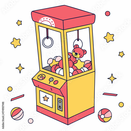 Colorful cartoon claw machine with toys and stars arcade
