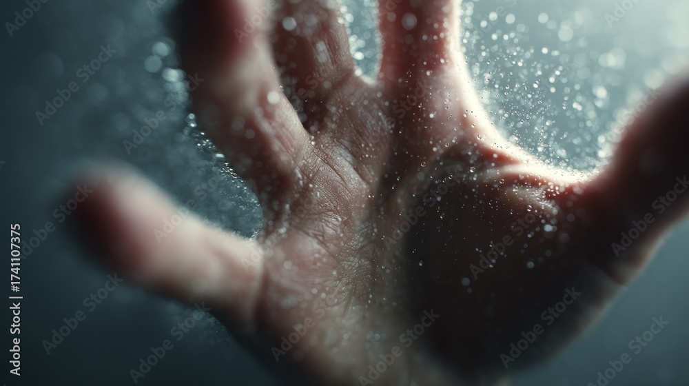 Fototapeta premium Abstract depiction of a hand enveloped in a sparkling, ethereal liquid