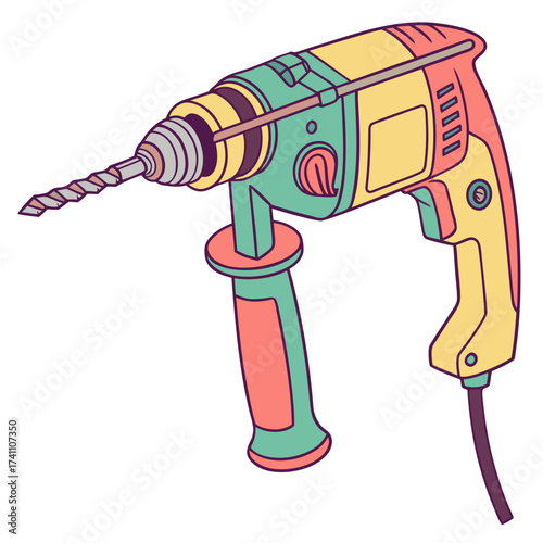 Colorful electric drill with metal drill bit tool power tool