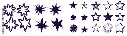 Black crayon hand drawn stars set. Childish doodled sparks and sparkles collection. Grunge rough brush stroke shine element pack for collage, poster, sticker. Kid sketched wax pencil symbols