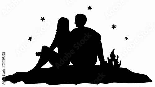 Silhouette of a couple sitting by a campfire under a starry sky in a monochrome black and white image