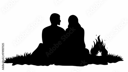 Silhouette of a couple sitting by a campfire in a field with grass and flames in black and white art