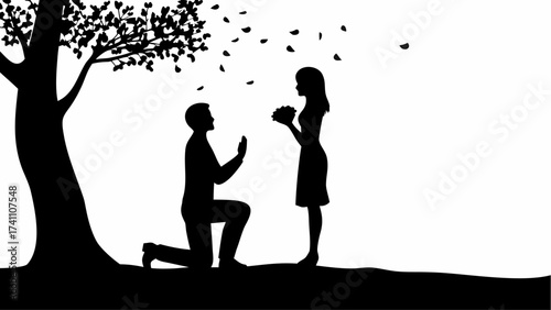 Silhouette of a man proposing to a woman under a tree with falling leaves in a romantic setting scene