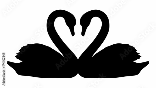 Silhouette of two swans facing each other with their necks forming a heart shape on a white background