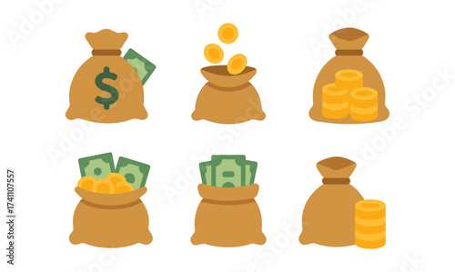 Flat money bag icons with cash and coins on white background