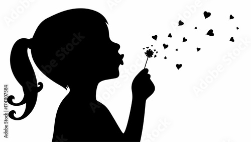 Silhouette of a girl blowing a dandelion with seeds shaped like hearts floating in the air creating a romantic scene