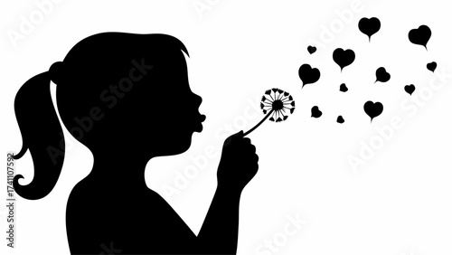 Silhouette of a girl blowing a dandelion with heart shaped seeds floating in the air on a white background