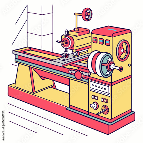 Colorful illustration of a lathe machine industrial