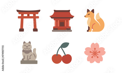 Japanese culture icons: torii gate, shrine, fox, lucky cat, cherry blossom, cherries