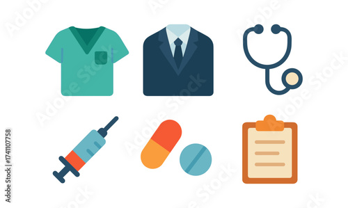Medical and business icon set: scrubs, suit, stethoscope, syringe, pills, clipboard