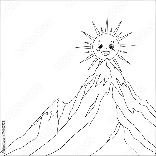 Cheerful cartoon sun rising over majestic mountains, a joyful black and white outline illustration perfect for children's coloring books and nature-themed designs.