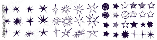 Black crayon hand drawn stars set. Childish doodled sparks and sparkles collection. Grunge rough brush stroke shine element pack for collage, poster, sticker. Kid sketched wax pencil symbols