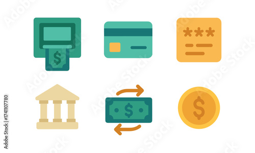 Flat style financial icons: atm, credit card, bank, currency exchange, cash, coin