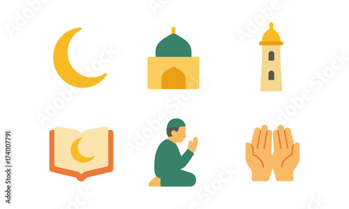 Flat design religious icons set: mosque, crescent, prayer symbols