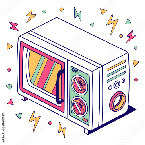 Colorful Isometric Microwave Oven with Geometric Accents