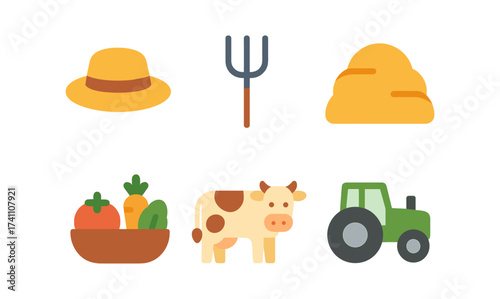 Farm essentials: hat, pitchfork, hay, vegetables, cow, and tractor in flat design