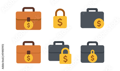 Flat icon set of briefcases and locks with dollar signs on white background