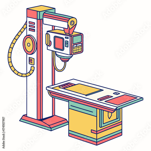 Colorful isometric x ray machine and examination table
