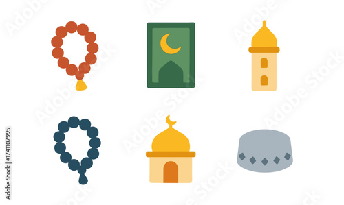 Islamic symbols set featuring mosque, prayer mat, tasbih, and kufi cap in flat design