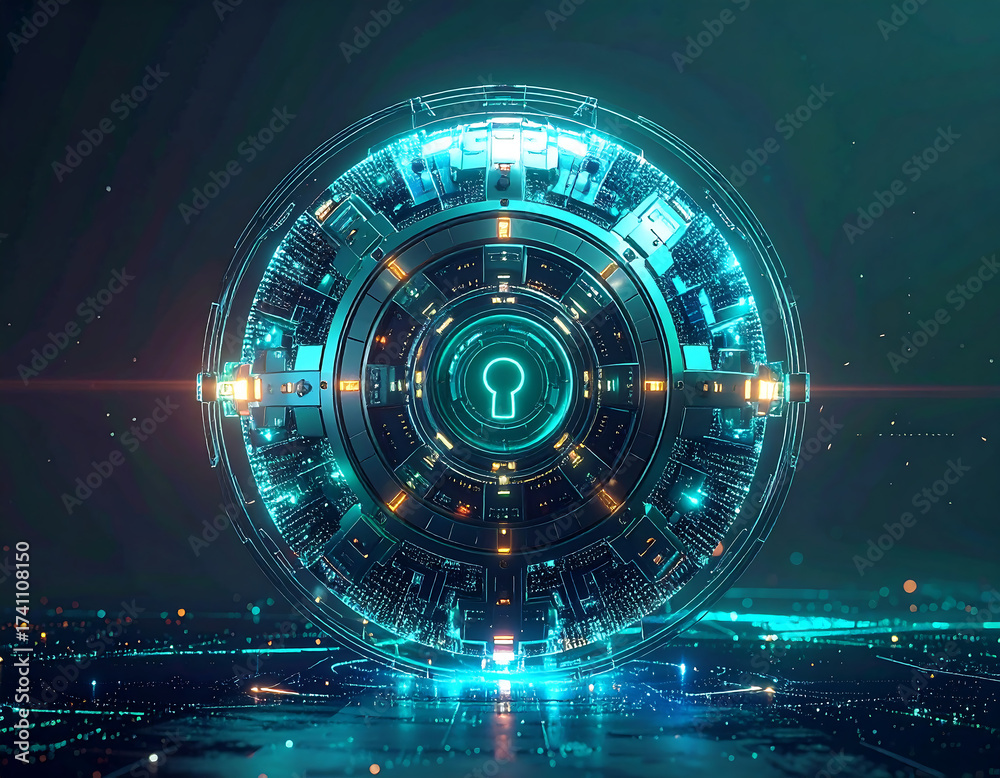 Obraz premium Futuristic Cyber Security 3D Render of a Glowing Data Encryption Sphere on a Digital Landscape