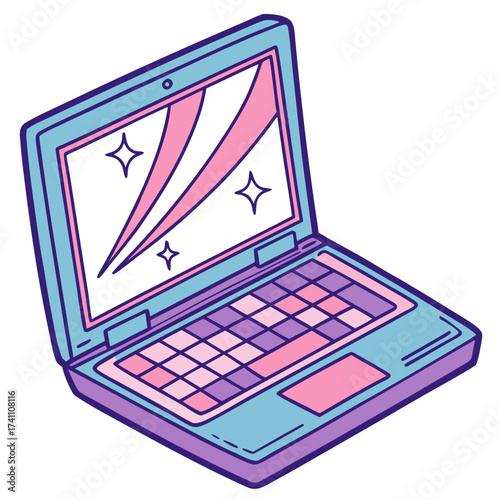Colorful laptop with pink and blue screen display computer