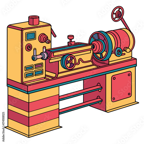 Colorful lathe machine with red yellow and teal accents