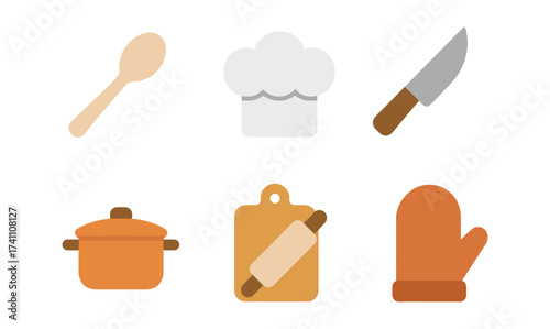 Simple kitchen utensils set featuring spoon, chef hat, knife, pot, cutting board, rolling pin, and oven mitt