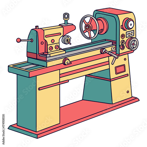 Colorful lathe machine with teal yellow and coral accents
