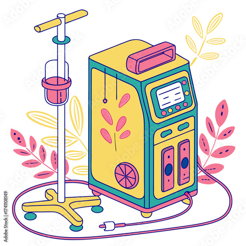 Colorful medical infusion pump with I V stand medical equipment