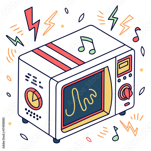 Colorful microwave oven with music notes and lightning bolts