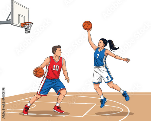 Basketball action, dynamic players, slam dunk moment, competitive sports, athletic jump, court intensity, teamwork, red jersey, blue jersey, game focus