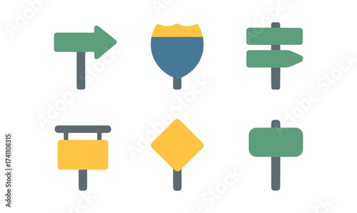 Minimalist traffic sign collection featuring flat arrow and direction boards