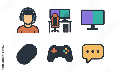 Gaming setup essentials with headphones, monitors, and controller in flat style