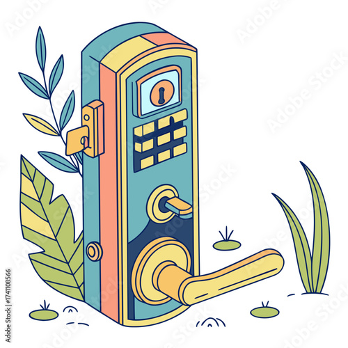 Colorful smart door lock with key and plants smart lock