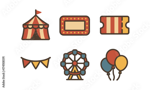 Colorful fairground icons: circus tent, ferris wheel, and carnival elements