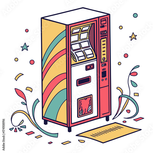 Colorful Vending Machine with Confetti and Stars illustration