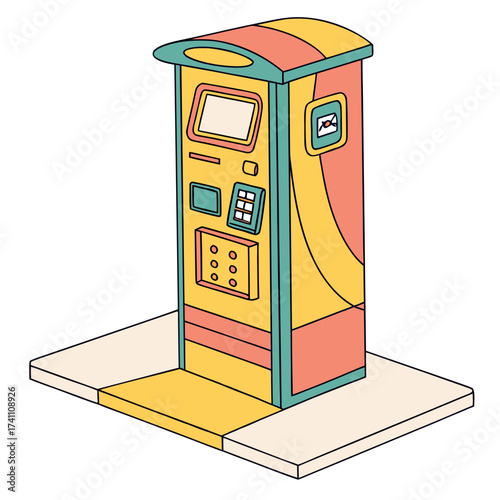 Colorful vending machine with keypad and screen kiosk