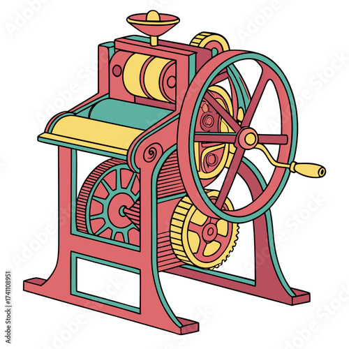 Colorful vintage printing press machine illustration