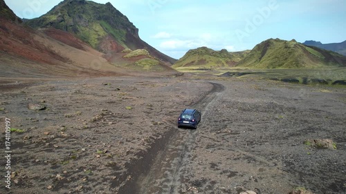 Car driving through wild volcanic Icelandic landscape, view from above
