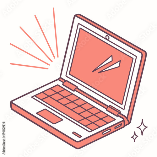 Coral laptop computer with glowing screen and sparkles