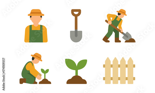 Gardening flat design set: gardener, tools, planting, and fence elements