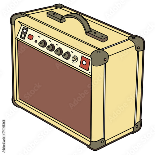 Cream and brown guitar amplifier with knobs and handle