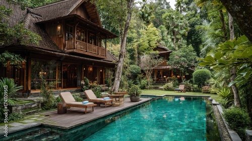 Beautiful Balinese style villa with wooden deck, swimming pool, and green trees surrounding the peaceful retreat